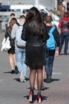 Minsk street fashion. 09/2013. Part 2 (looks: black jean jacket, black sheer tights, black skirt, , red heel, black pumps)