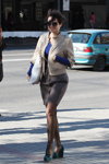 Minsk street fashion. 09/2013. Part 2 (looks: blue jumper, grey skirt, Sunglasses, aquamarine wedge pumps, black sheer tights, )