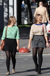 Minsk street fashion. 09/2013. Part 2 (looks: lime jumper, black skirt, black tights, beige jumper, grey skirt, black tights)