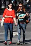Minsk street fashion. 09/2013. Part 2 (looks: red jumper, blue jeans, black printed top, Sunglasses, brown belt, red hair)