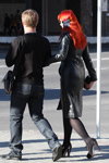 Minsk street fashion. 09/2013. Part 2 (looks: black leather coat, black tights, black ankle boots, red hair)