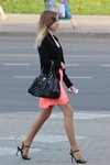 Street fashion in Minsk. Hot May 2013 (looks: black sandals, black bag, pink neon skirt, black top, nude sheer tights)