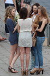 Street fashion in Minsk. Hot May 2013 (looks: blue polka dot mini dress, white blouse, white skirt, black top, sky blue jeans)