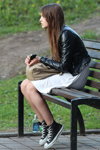 Street fashion in Minsk. Hot May 2013 (looks: black high top sneakers, white dress, black leather jacket)