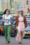 Minsk street fashion. 07/2013 (looks: white printed top, green jeans, , pink dress, brown belt, blond hair, brown leather jacket)