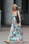 Minsk street fashion. 08/2013 (looks: turquoise flowerfloral maxi sundress, black bag, nude sandals)