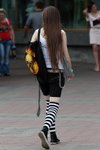 Minsk street fashion. 08/2013 (looks: white top, black denim shorts, striped black and white overknees, black high top sneakers)