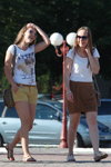 Saligorsk street fashion. 06/2013 (looks: white printed top, yellow shorts, brown wrap skirt, white top, Sunglasses)