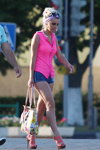Saligorsk street fashion. 06/2013 (looks: pink blouse, mikro denim shorts, pink sandals, multicolored bag)