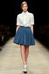 Ksenia Schnaider show — Aurora Fashion Week Russia AW14/15 (looks: white camouflage blouse, blue skirt, white sandals)
