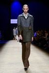 Milla Berillo show — Aurora Fashion Week Russia AW14/15 (looks: brown trousers, grey coat, grey blouse, black pumps)