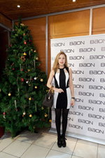 Anastasia Grebenkina. BAON AW 15/16 show (looks: black tights, black pumps, mini black and white dress)