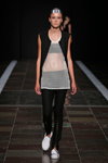 Maikel Tawadros show — Copenhagen Fashion Week SS15 (looks: black bando, black vest, white top in net, black trousers)