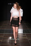 Stine Ladefoged show — Copenhagen Fashion Week SS15 (looks: white top, black mini transparent skirt, black shorts, black sandals)