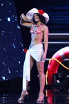 Valeriya Sinyuk. Swimsuit competition — Miss Belarus 2014 (looks: striped red and white swimsuit, white hat, silver sandals)