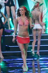 Yana Zhdanovich. Swimsuit competition — Miss Belarus 2014 (looks: striped red and white swimsuit, , silver sandals, red swim skirt)