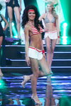 Yuliana Vyrko. Swimsuit competition — Miss Belarus 2014 (looks: striped red and white swimsuit, striped blue and white swimsuit, silver sandals, white swim skirt)