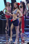 Marharyta Potaptseva. Swimsuit competition — Miss Belarus 2014 (looks: striped red and white swimsuit, striped blue and white swimsuit, silver sandals)