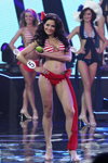 Christina Nikitina. Swimsuit competition — Miss Belarus 2014 (looks: striped red and white swimsuit, silver sandals)