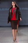 ALEXANDER PAVLOV show — Riga Fashion Week AW14/15 (looks: black leather biker jacket, red top, brown skirt, nude sheer tights)