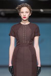 IN by Inga Nipane show — Riga Fashion Week AW14/15 (looks: brown dress, black leather gloves)
