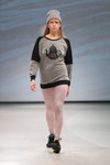 QooQoo show — Riga Fashion Week AW14/15 (looks: grey printed jumper, black sneakers, nude leggins in net, grey knit cap)