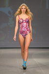 Sin On the Beach show — Riga Fashion Week SS15 (looks: sky blue socks, blond hair, flowerfloral multicolored closed swimsuit)