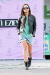 Street Style 2014. Apti Eziev show (looks: turquoise top, sky blue denim shorts, black leather jacket)