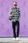 Street Style 2014. Black Star by Timati show (looks: checkered black and white shirt, white sneakers)