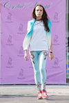 Street Style 2014. Black Star by Timati show (looks: turquoise leggins, white t-shirt, turquoise vest, red sneakers)