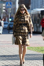 Gomel street fashion. 09/2014 (looks: checkered cape, checkered skirt, Sunglasses)
