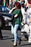 Gomel street fashion. 09/2014 (looks: green top, sky blue jeans, brown pumps)