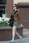 Minsk street fashion. 04/2014 (looks: black top, khaki shorts, black bag, grey sneakers, brown blazer, Sunglasses)