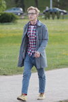 Minsk street fashion. 04/2014 (looks: checkered shirt, grey trench coat, red socks, sky blue jeans, sand boots)