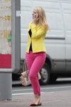 Minsk street fashion. 06/2014 (looks: yellow blazer, fuchsia trousers, black top, blond hair)