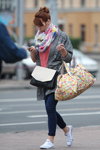 Minsk street fashion. 06/2014 (looks: whitesneakers, knitted grey cardigan, black and white bag, blue trousers, flowerfloral scarf, coral polka dot top, red hair)