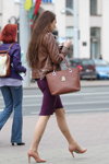 Minsk street fashion. 06/2014 (looks: brown bag, beetroot dress, nude pumps, tattoo, brown leather jacket)