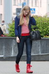 Minsk street fashion. 06/2014 (looks: black bag, striped red and white jumper, blue quilted jacket, blue jeans, red boots)