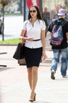 Minsk street fashion. 09/2014 (looks: black pencil skirt, white blouse, black belt, Sunglasses)