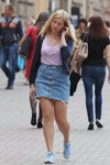 Minsk street fashion. 09/2014 (looks: sky blue sneakers, , lilac socks, lilac top, blond hair, sky blue mini denim skirt)