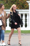 Minsk street fashion. 09/2014 (looks: black skirt suit, black blouse, black sandals, blond hair)