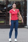 Minsk street fashion. 09/2014 (looks: blue jeans, coral t-shirt, white sneakers)