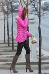 Minsk street fashion. 12/2014 (looks: grey boots, fuchsia quilted jacket with hood)
