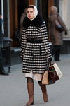 Minsk street fashion. 12/2014 (looks: checkered coat, white headscarf, black tights, black belt)