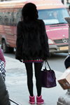 Minsk street fashion. 12/2014 (looks: black fur coat, black tights, eggplant bag)