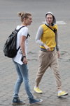 Minsk street fashion. 06/2014 (looks: white top, sky blue jeans, sky blue high top sneakers, yellow and gray hoody, beige sport trousers, yellowsneakers)