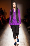 Lilia Kisselenko show — Aurora Fashion Week Russia SS16 (looks: purple blouse, grey vest, black trousers, blue pumps)