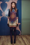 Ksenia Serbin presentation — Lviv Fashion Week AW15/16 (looks: mini dress with ornament, violet tights, black pumps)
