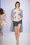 BGN by Alexandr Rogov show — MBFWRussia SS2016 (looks: grey coat, anthracite shorts, printed multicolored blouse, silver sandals)