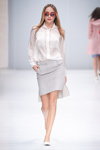 Vemina show — Moscow Fashion Week SS16 (looks: white striped blouse, grey mini skirt, white pumps, Sunglasses)